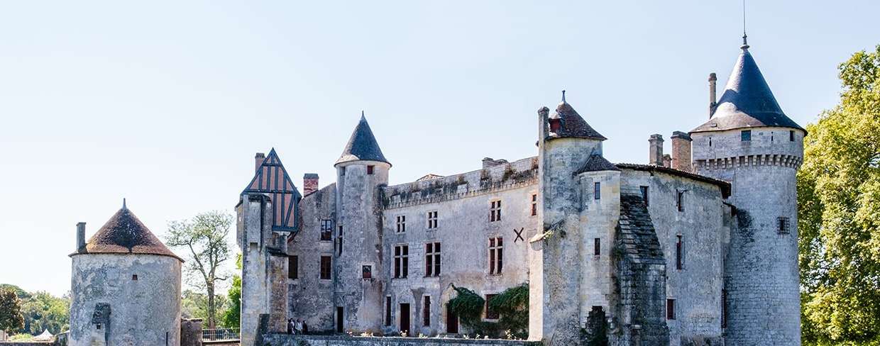 Le château de La Brède vu depuis le parc : ses tours coiffées d'ardoise, son pavillon à colombages et le pigeonnier rond à gauche