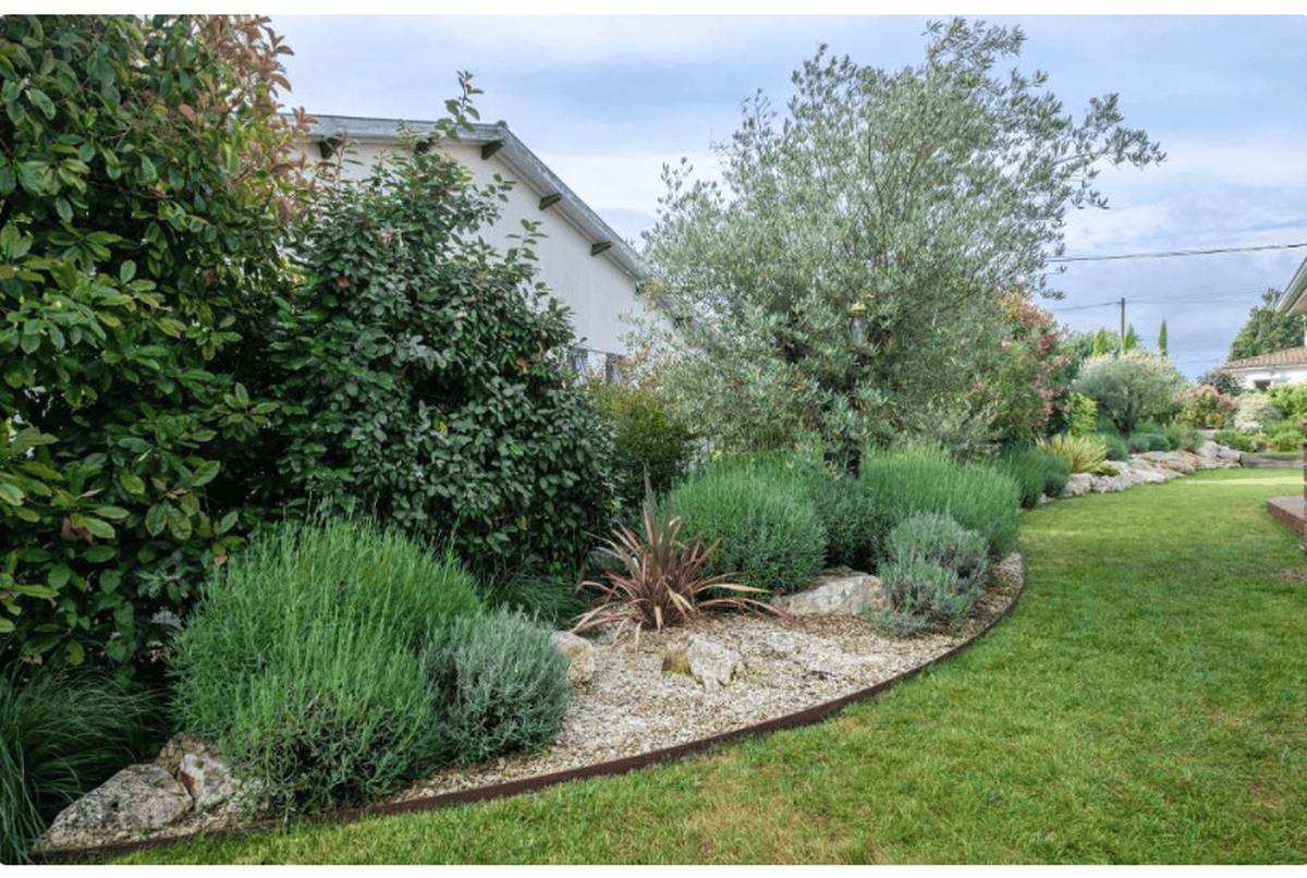 Le jardin : massif de lavandes et d'arbustes bordé de galets, au bord de la pelouse