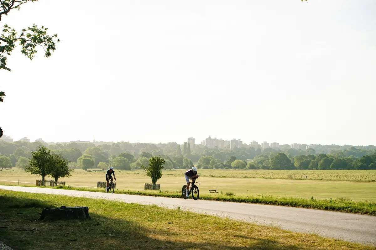 Deux cyclistes sur une route goudronnée bordée de prairies, un matin d'été